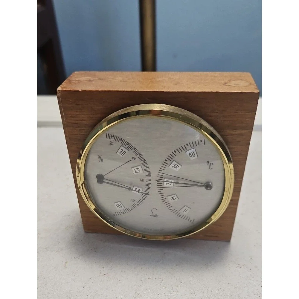 Lufft Vintage Wooden Brass Accent Hygrometer and Thermometer